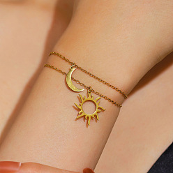 Golden 304 Stainless Steel Moon Sun Charm Bracelet Sets, 2-Strand Stackable Bracelets for Women, Golden, 6.30 inch(16cm), 2pcs/set