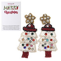 Белый Серьги-гвоздики ручной работы из стеклянных бусин в виде рождественской елки со звездой., с фурнитурой из нержавеющей стали и стразами., белые, 85x53 мм