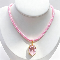 Pink Латунный кулон с кубическим цирконием, геометрический овальный узор, нейлоновый шнурок для ожерелья, золотые, розовые, 15.75 дюйм (40 см)