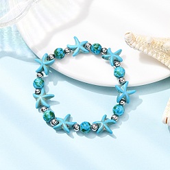 Синий Браслеты из синтетической бирюзы и латунных бусин в форме морской звезды, синие, внутренний диаметр: 2-1/8 дюйм (5.5 см)