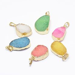 Mixed Color Electroplated Natural Druzy Agate Pendants, Golden, Drop, Mixed Color, 28~37.5x15~24x8~10mm, Hole: 5x7mm