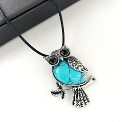 Синтетическая Бирюза Синтетическая бирюза сова кулон черный искусственная кожа шнур ожерелья для женщин, античное серебро, 16.93 дюйм (43 см)
