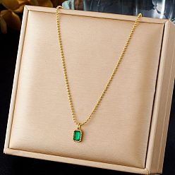 Rectangle 304 Подвеска из нержавеющей стали с фианитами зеленого цвета, цепочка с шариками для женщин, прямоугольные, 16.02 дюйм (40.7 см)