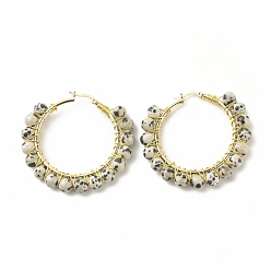 Далматинских Джаспер Серьги-кольца из бисера из натуральной далматинской яшмы для женщин, большие круглые серьги-кольца из настоящей позолоченной проволоки 18k, 47~49x51~52x6~6.6 мм, штифты : 1.4x0.4 мм