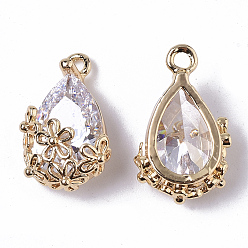 Clear Brass Pendants, with Faceted Glass, teardrop, with Flower, Real 18K Gold Plated, Nickel Free, Clear, 17x10x7mm, Hole: 1.4mm