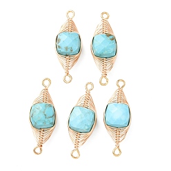 Бирюза Натуральные бирюзовые граненые кубические звенья, соединительные подвески с медной проволочной обмоткой в виде елочки., золотые, долговечный, 25.5~27.5x9.5~10x8~9 мм, отверстие : 1.6 мм