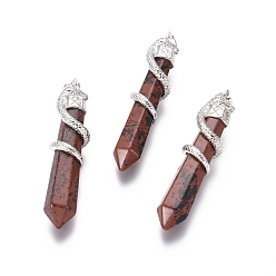 Красный Обсидиан Натуральные махоганы обсидиан большие подвески, с латунной фурнитурой , змея с бриллиантом, Платиновый металл, 60x12 мм, отверстие : 5x7 мм