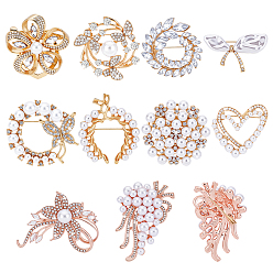 Золотой & Розовыый Золотой 10 шт. 10 стили броши из сплава со стразами, с пластиковыми жемчужные бусины, разнообразные, золотой и розовое золото, 31~57x33.5~46.7 мм, 1 шт / стиль