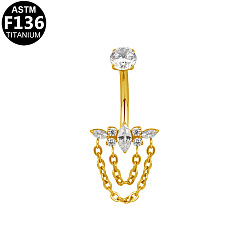 Цветок Изогнутая штанга для пирсинга пупка из титанового сплава с прозрачными кубическими циркониями и цепочками., золотые, цветок, 8 мм, штифты : 1.6 мм