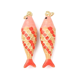 Оранжевый Латунные подвески, рыба, с эмалью, реальный 18 k позолоченный, без кадмия и без свинца, стойки покрытие, долговечный, с целью перехода в кольце, оранжевые, 33x9x7.5 мм, отверстие : 3.2 мм