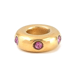 Rose 304 Stainless Steel Rhinestone European Beads, Large Hole Beads, Golden, Rondelle, Rose, 8.5x3.5mm, Hole: 4.5mm