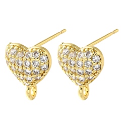 Настоящее золото 18K Латунные серьги-гвоздики из циркония, без кадмия и без свинца, долговечный, стойки покрытие, сердце прелести, реальный 18 k позолоченный, 12x10 мм, отверстие : 1.8 мм, штифты : 0.8 мм