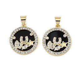 Black Brass Micro Pave Clear Cubic Zirconia Pendants, with Acrylic, Flat Round with Star Charms, Real 18K Gold Plated, Black, 19.5x17x3mm, Hole: 5X3mm