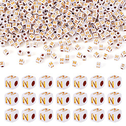 Letter N Непрозрачные акриловые бусины, с металлическим обрамлением, кубические, Письмо N, 4.5x4.5x4.5 мм, отверстие : 2 мм