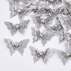 Платина Соединители латунные звенья, с кристально горный хрусталь, 3 d бабочка, платина, 17x25x4 мм, отверстие : 1.2 мм