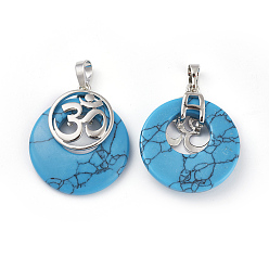 Синтетическая Бирюза Синтетические бирюзовые подвески, с латунной фурнитурой платинового цвета, плоский круглый с символом ом, окрашенные, 32~32.5x28x7~7.5 мм, отверстие : 5x8 мм