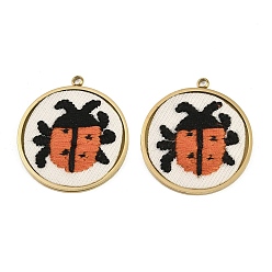 Real 18K Gold Plated 304 Stainless Steel & Embroidered Pendants, Flat Round with Laybug Charms, Dark Orange, Ion Plating(IP), Long-Lasting Plated, Real 18K Gold Plated, 28x25x3mm, Hole: 1.6mm