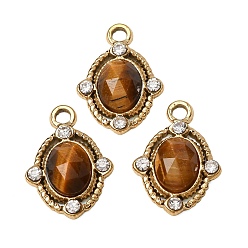 Ojo de Tigre Colgantes facetados de ojo de tigre natural, 304 Dijes ovalados con bisel de cristal y diamantes de imitación de acero inoxidable, revestimiento de iones (ip), real 14 k chapado en oro, 18x13x4.5 mm, agujero: 2 mm