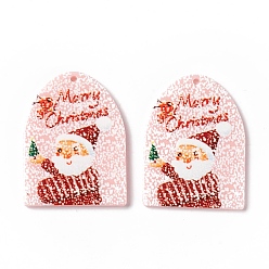 Pink Christmas Translucent Printed Acrylic Pendants, Arch with Santa Claus, Pink, 38x28x2.5mm, Hole: 1.4mm