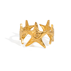 Настоящее золото 18K Кольца-манжеты из нержавеющей стали с морской тематикой, морская звезда, реальный 18 k позолоченный, 14.9 мм, внутренний диаметр: регулируемый