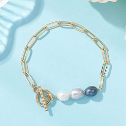 Серый Браслеты из натурального культивированного пресноводного жемчуга и латунной цепочки в виде скрепки для женщин., серые, 7.36 дюйм (18.7 см)