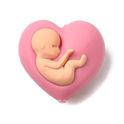 Pink Силиконовые бусины на день матери, фокусные бусы, сердце с ребенком, розовые, 25x26x15 мм, отверстие : 2 мм
