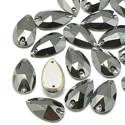 Чёрный Металлический Серебристый Шить на горный хрусталь, k 9 стеклянный страз, два отверстия, аксессуары для одежды, случайное цветное покрытие, граненые, слеза, струя металлического серебра, 22x13x6 мм, отверстие : 1 мм