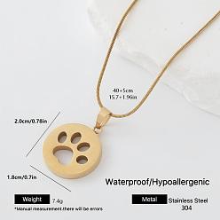 Flat Round 304 Stainless Steel Pendant Necklaces for Women, Golden, Flat Round with Hollow Paw Print, 15.75 inch(40cm)