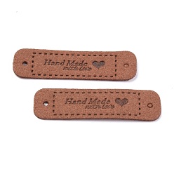 Sienna PU Leather Label Tags, Handmade Embossed Tag, with Holes, for DIY Jeans, Bags, Shoes, Hat Accessories, Rectangle with Word Handmade, Sienna, 55x15x1.2mm, Hole: 2mm