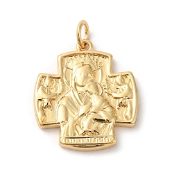 Настоящее золото 18K Стойки обшивки латунные подвески, с целью перехода в кольце, без свинца и без кадмия, крест со святым оберегом, реальный 18 k позолоченный, 21x19x2 мм, отверстие : 3.5 мм