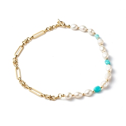 Turquoise Natural Amethyst & Baroque Pearl Beads Beaded Necklaces, with Brass Paperclip Chains, Turquoise, 16.34 inch(41.5cm)
