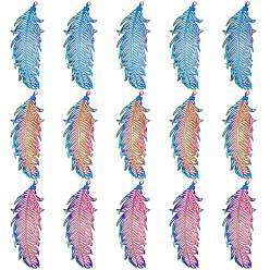 Rainbow Color 201 из нержавеющей стали филигранные подвески, гравированные металлические украшения, перо, Радуга цветов, 47x19x0.3 мм, отверстие : 1.2 мм, 15 шт / коробка