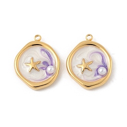 Плоский Круглый 304 нержавеющей стальной эмали подвески, с абс пластмассовой имитационной жемчужиной, ионное покрытие (ip), реальный 18 k позолоченный, морская звезда, плоско-круглые, 19.5x15.5x4.5 мм, отверстие : 1.5 мм