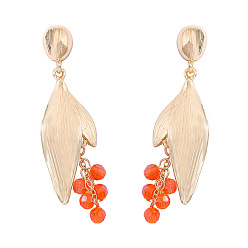 Golden Zinc Alloy Leaf Stud Dangle Earrings with Rhinestone Tassel, Golden, 75x20mm