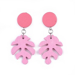 Perle rosa Monstera Blatt gemalt Pappelholz Ohrstecker, tropisches Thema, mit flachen, rund gefärbten Birnenholzperlen und 304 Edelstahlzubehör, Ohrmuttern aus Kunststoff, Perle rosa, 52 mm, Stift: 0.7 mm
