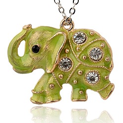 Green Yellow Alloy Enamel Animal Pendants, with Crystal Rhinestone, Elephant, Golden Metal Color, Green Yellow, 48x38x7mm, Hole: 3mm
