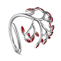 Red Adjustable 925 Sterling Silver Finger Ring, with Enamel, Leaves, Size 8, Red, 18mm