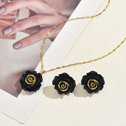 Черный Элегантный комплект для женщин: колье с подвеской в виде розы из смолы и серьги-гвоздики., железный набор украшений, чёрные, ожерелья: 16.14 дюйм (41 см)