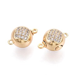 Настоящее золото 18K Застежки-коробочки из латуни с прозрачным кубическим цирконием, круглые, 1 нитей, 2-луночное, реальный 18 k позолоченный, 14~15.5x10x9.5 мм, отверстие : 1~1.4 мм