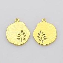 Golden Tibetan Style Alloy Pendants, Cadmium Free & Lead Free, Flat Round with Leaf, Golden, 22x18x1mm, Hole: 1mm