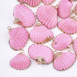 Pearl Pink Spray Paint & Electroplate Sea Shell Pendants, with Iron Findings, Light Gold, Pearl Pink, 16~26x17~28x7~10mm, Hole: 2mm