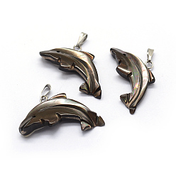 Platinum Shell Pendants, with Brass Findings, Dolphin, Dyed, Platinum, 15~17x27~29x3~5mm, Hole: 2x5mm