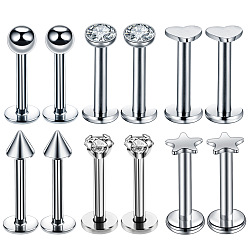 Нержавеющая Сталь Цвет 6 стили нержавеющая сталь прозрачный кубический цирконий лабреты с внутренней резьбой, 17 калибровочные пирсинг-гвоздики ювелирные изделия для женщин и мужчин, разнообразные, цвет нержавеющей стали, 8 мм, штифты : 1.2 мм, Руководитель: 3~4 mm