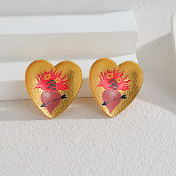 Heart 304 Stainless Steel Enamel Stud Earrings, Sacred Heart Pattern, Real 18K Gold Plated, Heart, 29x29mm
