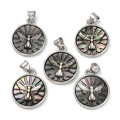 черная губная раковина Подвески в виде резных молей из натуральной черной ракушки, стойки обшивки латунные круглые плоские прелести, платина, 20x17x3 мм, отверстие : 3.5x5 мм