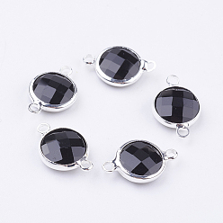Schwarz Flache runde Gliederverbinder aus versilbertem Messingglas, facettiert, Schwarz, 21x15x5.5 mm, Bohrung: 1.5 mm