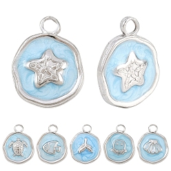 Stainless Steel Color 6Pcs 6 Styles 304 Stainless Steel Pendants, with Enamel, Flat Round, Stainless Steel Color, 16.5x12.5~13x2~2.5mm, Hole: 2.5mm, 1pc/style