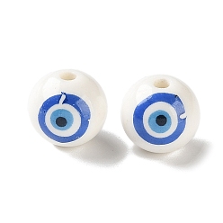 Round White Base Blue Evil Eye Hand Painted Ceramic Porcelain Beads, Round, 11mm, Hole: 2mm