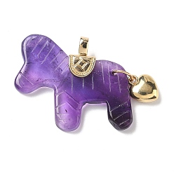 Аметист Резные подвески из натурального аметиста, Подвески в виде лошади с латунным сердцем, золотые, 37.5~38.5x38.5~42x8~8.5 мм, отверстие : 5.5x3.5 мм