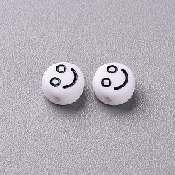 White Opaque White Acrylic Beads, Flat Round with Black Random Expression, 7x4mm, Hole: 1.6mm, about 3650pcs/500g